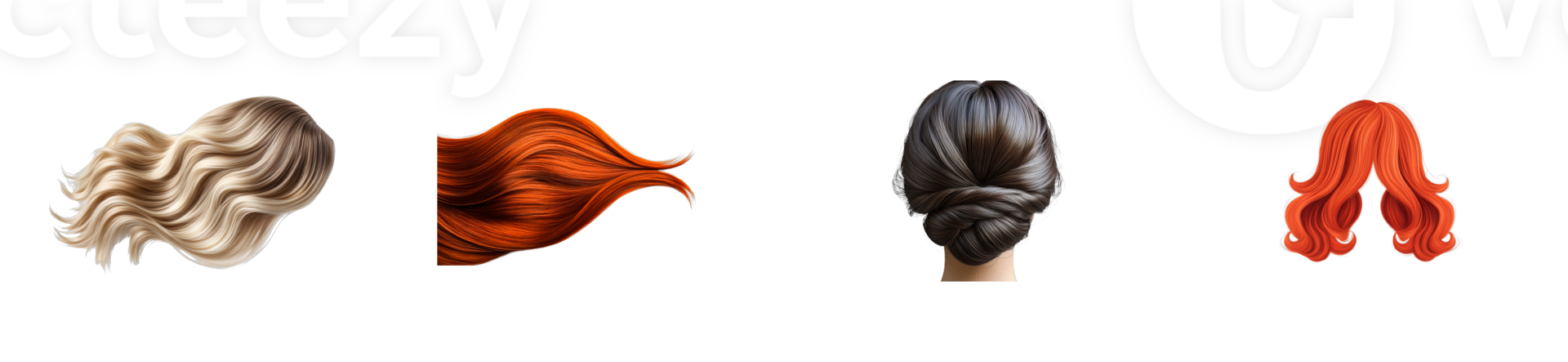 Four different hair styles, coloring blond, red, bun, curly hair, cut out transparent png