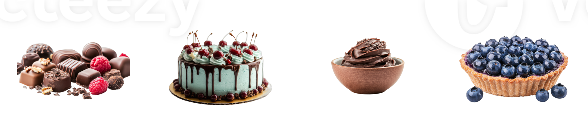 Assortment of sweets, confectioneries, cake and tart, cut out transparent png