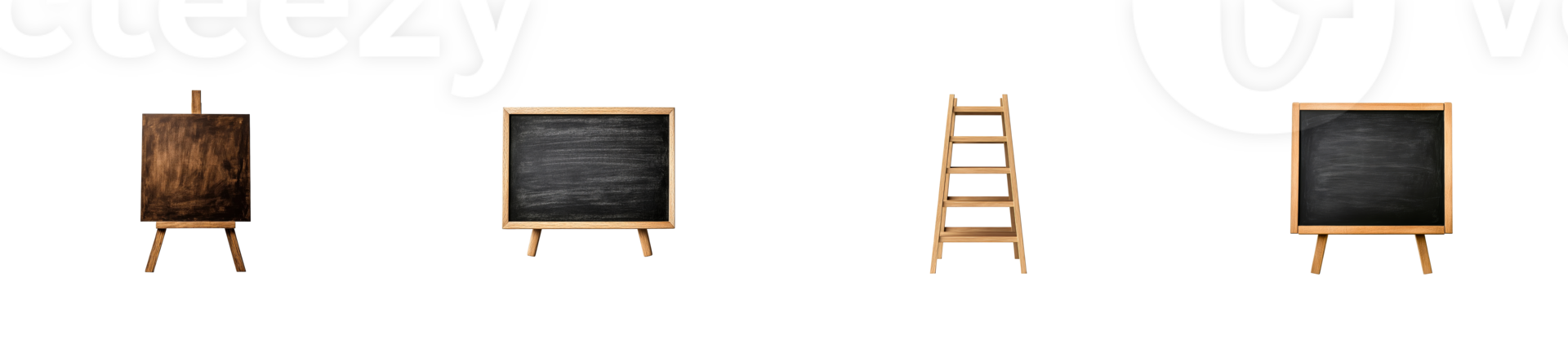 Collection of wooden easel and blackboard objects, cut out transparent png