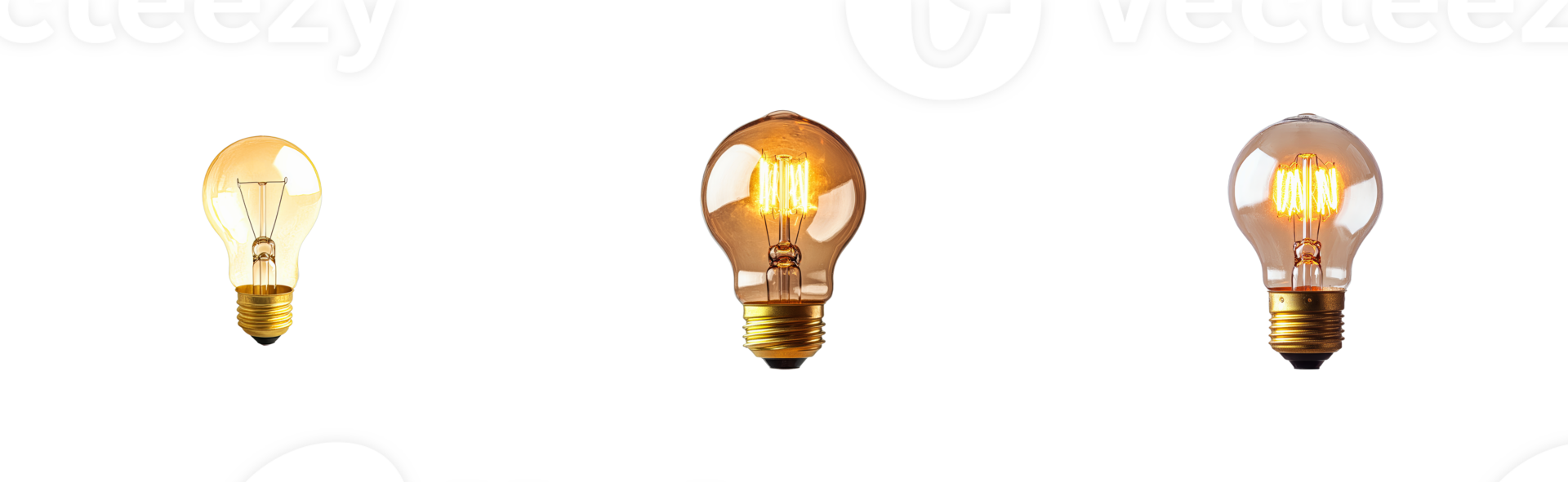 Three vintage light bulbs, glowing warm in dark background, cut out transparent png