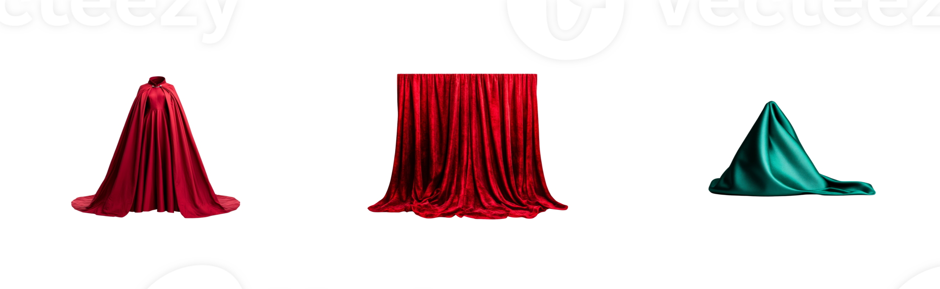 Collection of velvet fabrics in different color, cut out transparent png