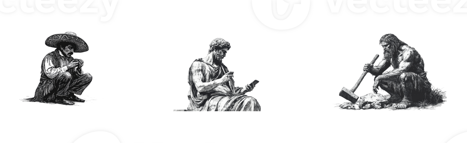 Mexican man with sombrero, Greek sculpture with phone, caveman with hammer, cut out transparent png