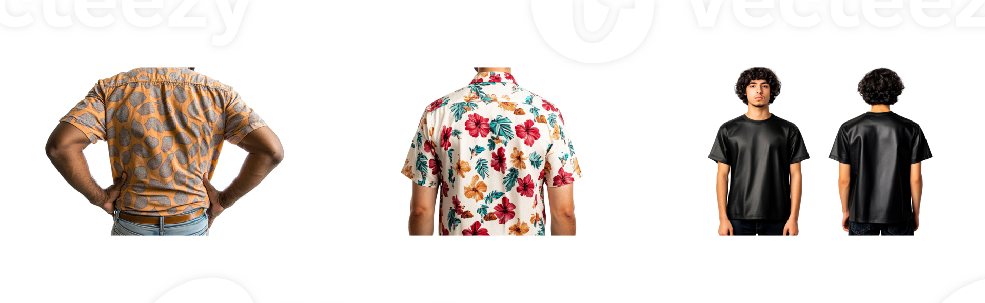 Men posing in various shirts against black background, cut out transparent png