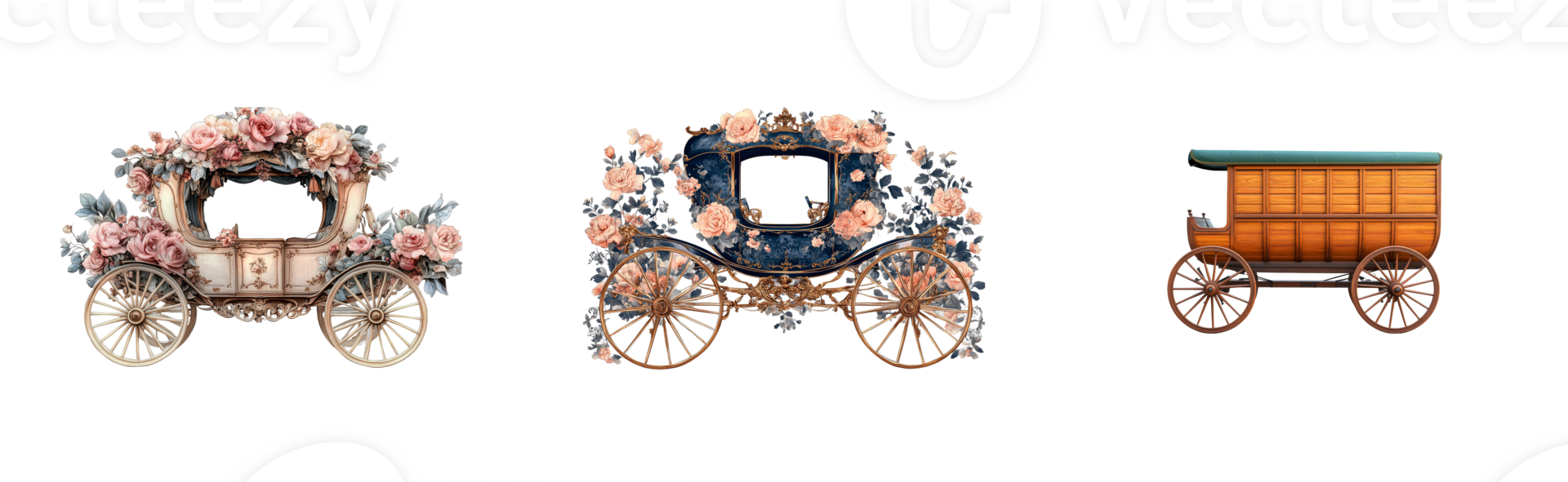 Ornamental Horse-drawn Carriages with Roses, Vintage Style, cut out transparent png