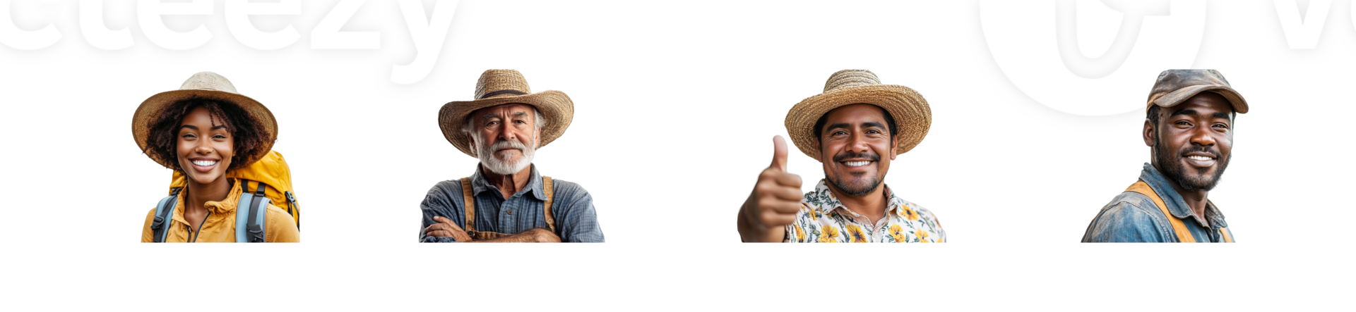 Smiling farmers with hats on a transparent background png