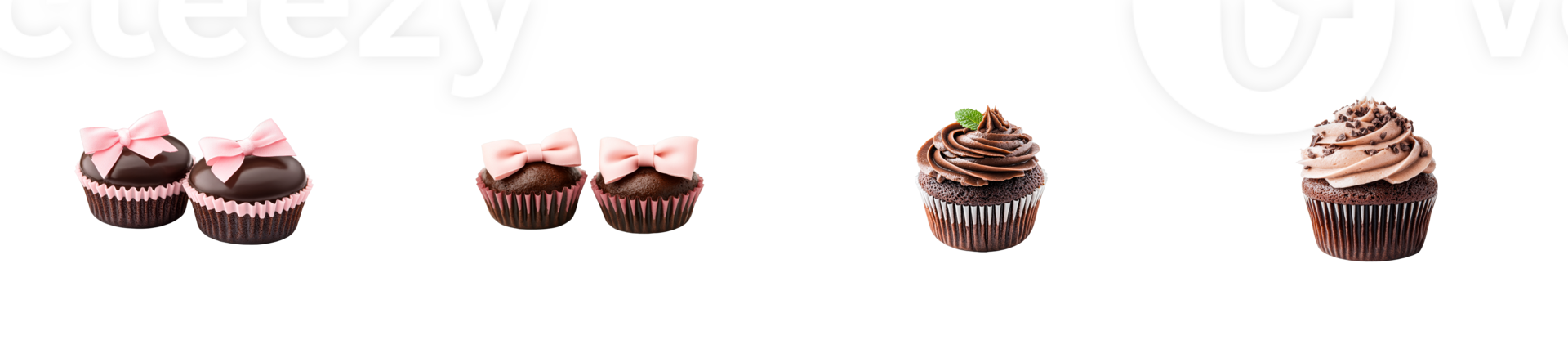 Delightful chocolate cupcakes with pink bows and swirls of frosting png