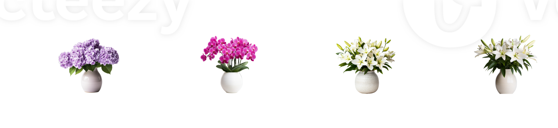 Flower arrangements in white vases on a transparent backdrop png
