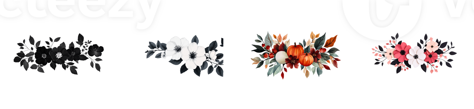 Floral designs with black, white, and color blooms on clear bg png