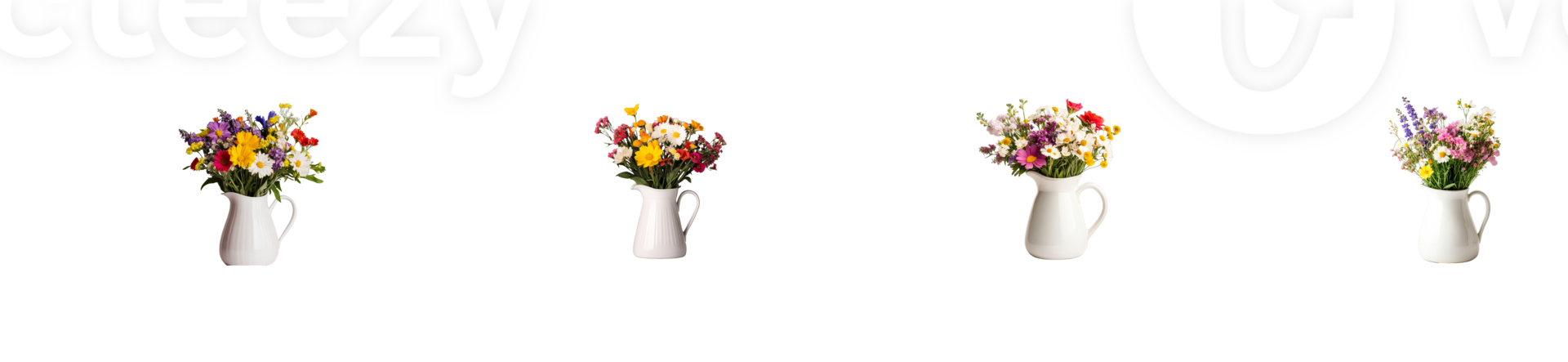 Beautiful arrangements of wildflowers in white pitchers png