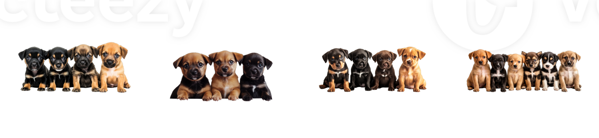 Group of playful puppies sitting together on a transparent background png