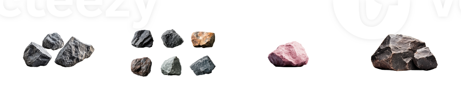 Various types of rocks displayed on a transparent background png