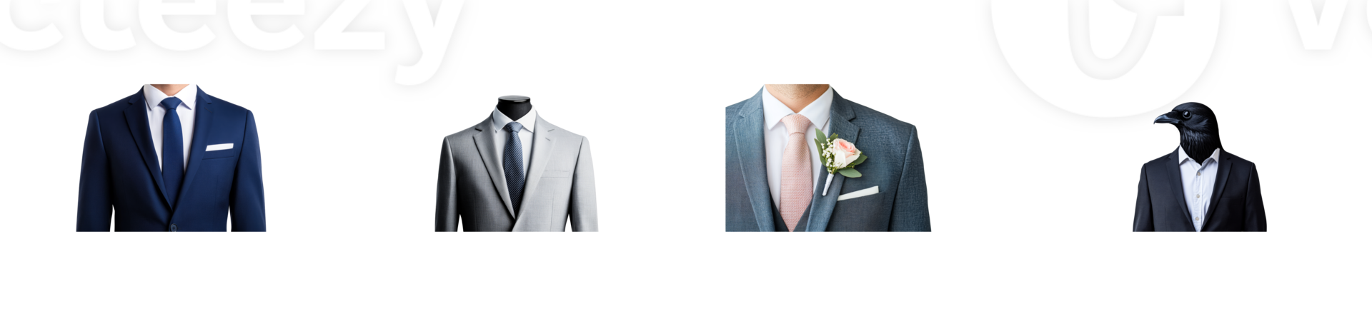 Elegant formal attire with suits and a unique crow accessory png