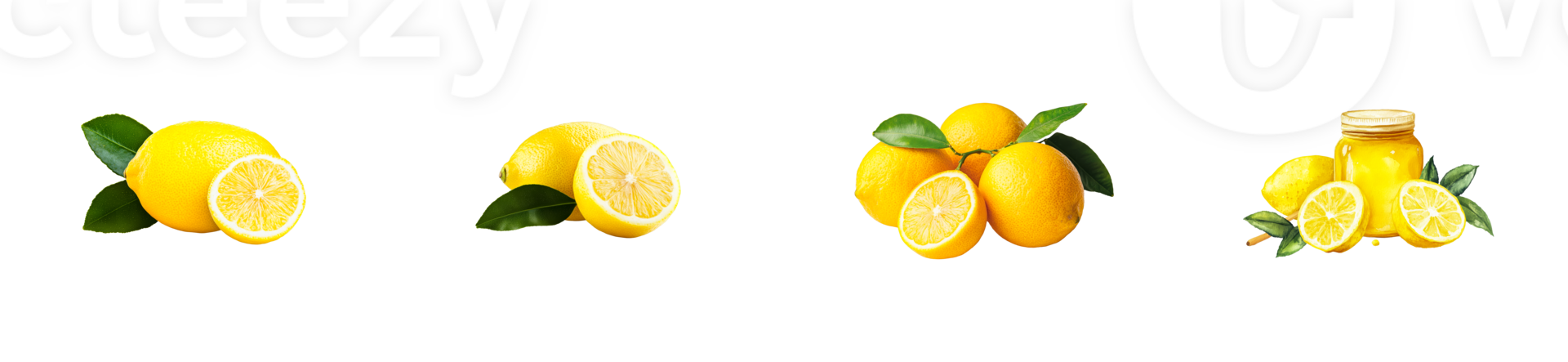Lemons and slices with a jar of lemon juice on a clear background png
