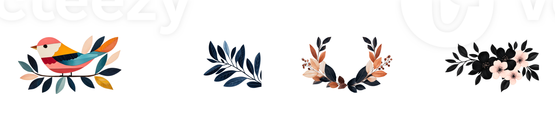 Colorful bird and floral elements on transparent background png