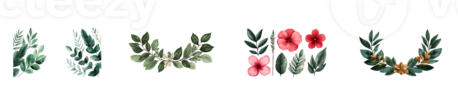 Greenery and flowers on transparent background for artistic designs png