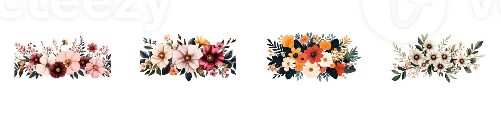 Floral arrangements with colorful blooms on transparent background png