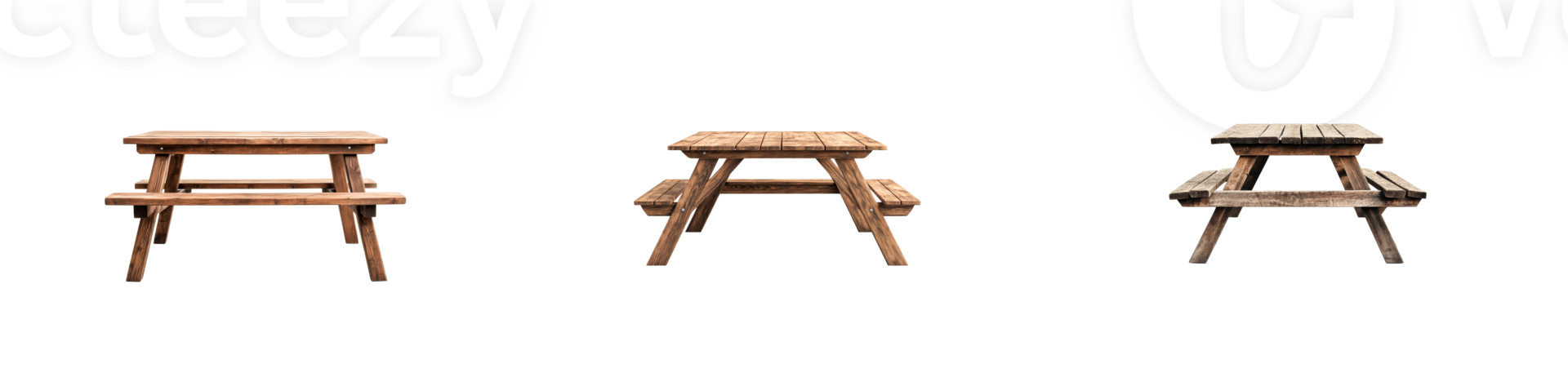 Wooden picnic tables in outdoor setting with clear background png