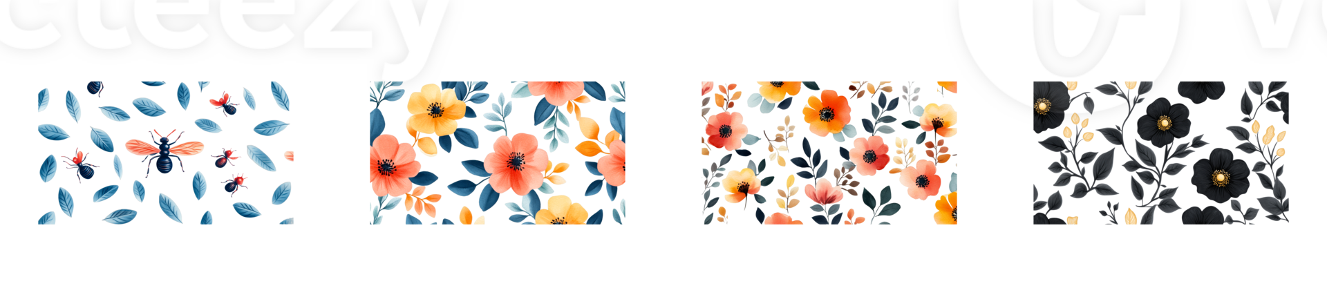 Floral patterns with bees and leaves on clear background png