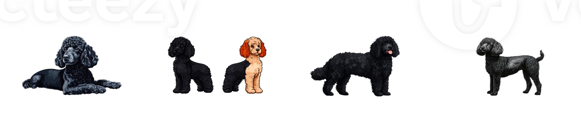 Various dog breeds in playful poses with a transparent background png