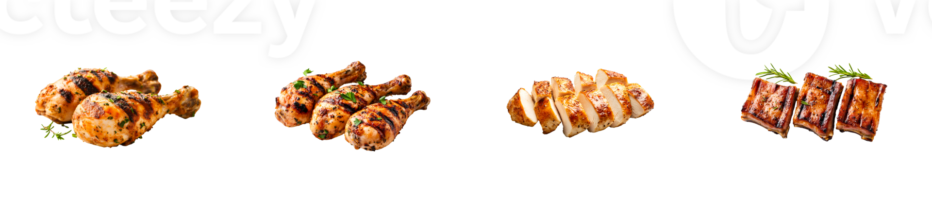 Grilled chicken and ribs arranged on a transparent background png