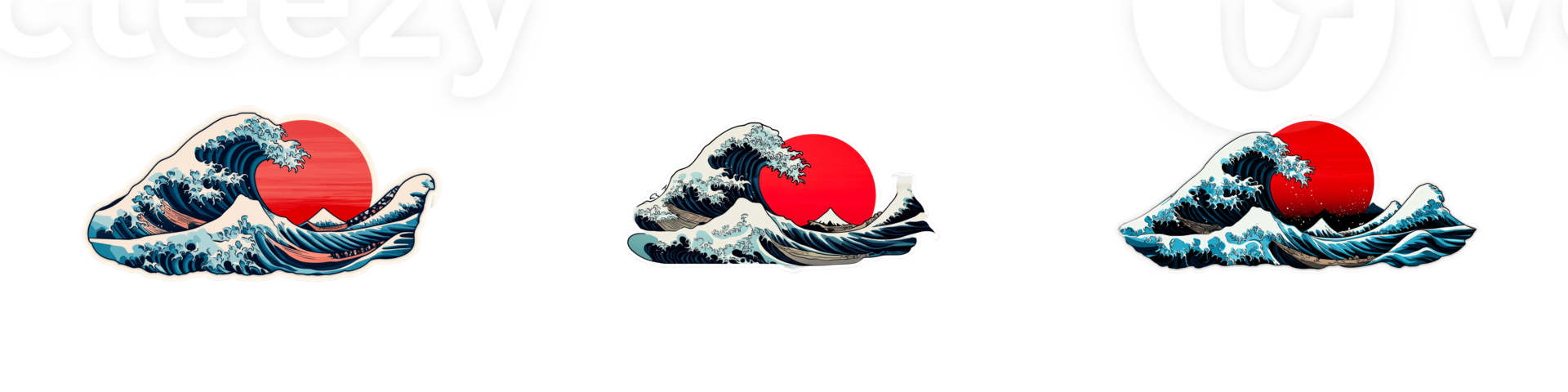 Vibrant ocean waves with red sun backdrop on transparent background png