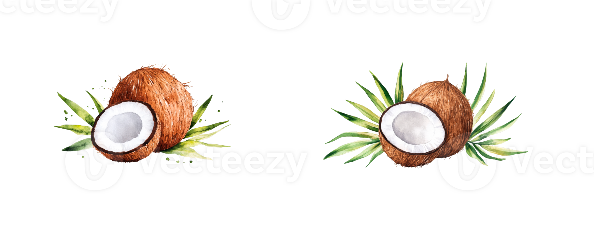 Coconuts with green palm leaves on transparent background png