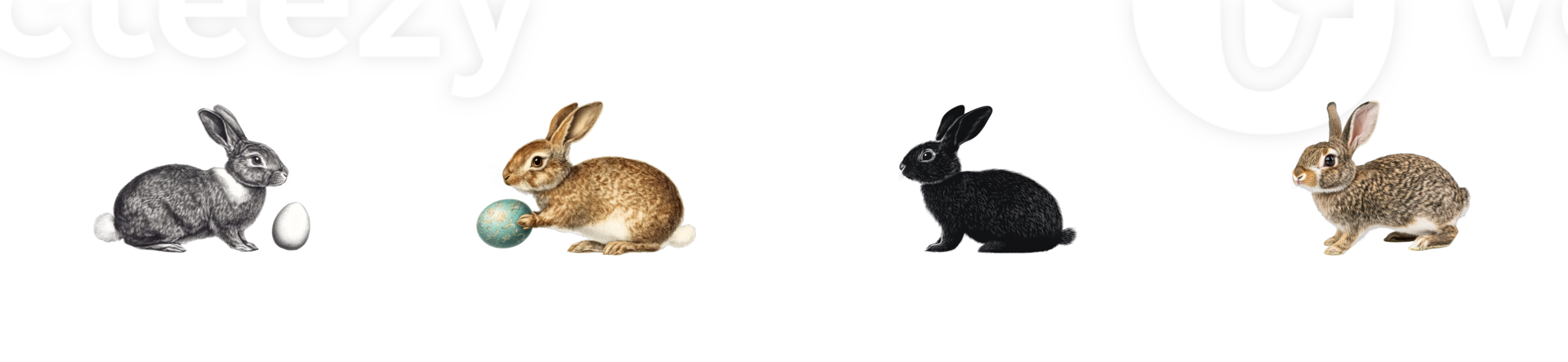 Colorful rabbits with eggs in varying poses on transparent background png