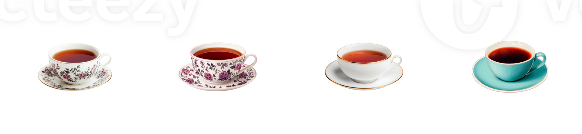 Different styles of teacups with hot tea on transparent background png