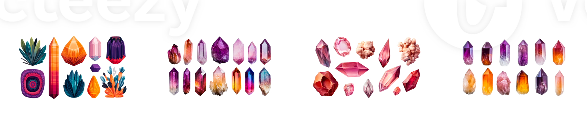 Colorful variety of crystals and gemstones on transparent background png