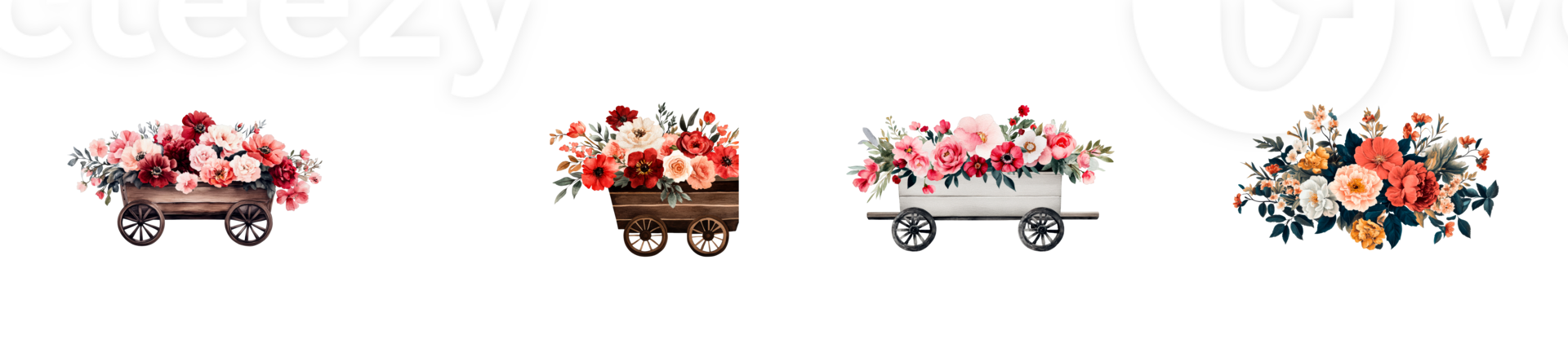 Colorful floral arrangements in decorative wagon designs png