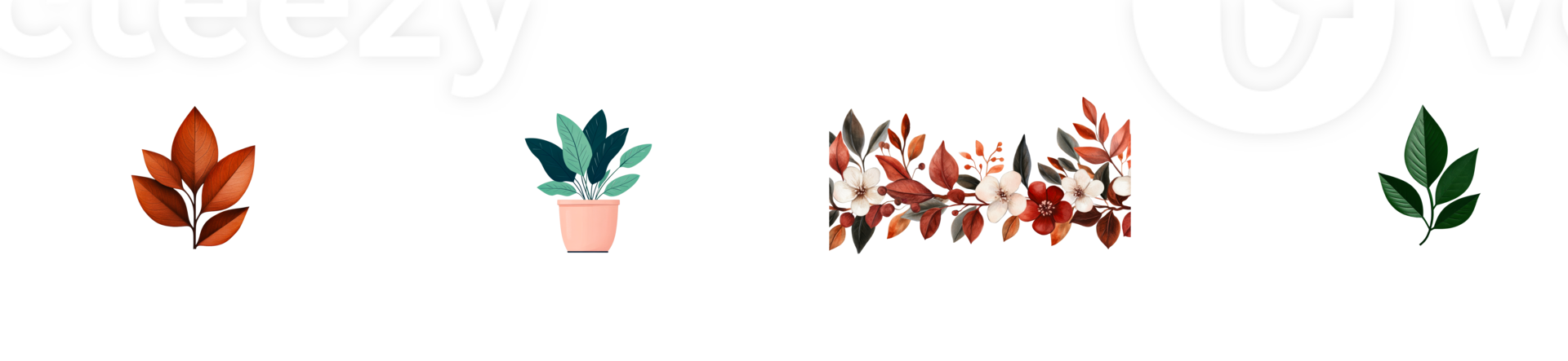 Leafy designs with varying shapes and colors on transparent background png