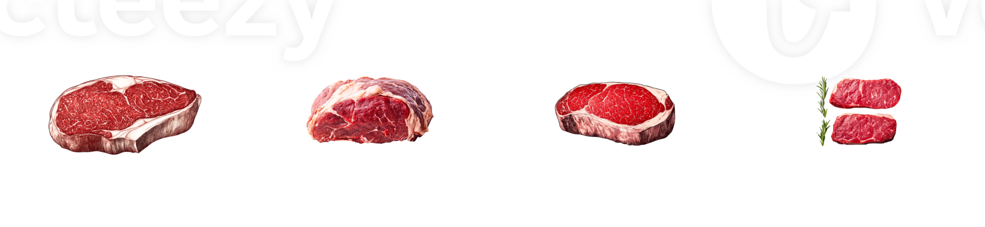 Various cuts of beef displayed on a transparent background png