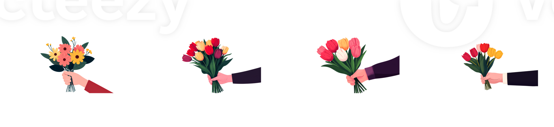 Different flower bouquets held by hands in various styles png