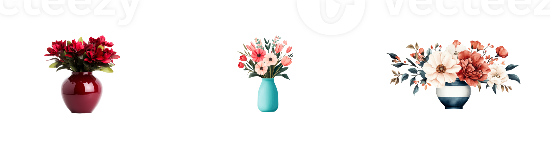 Beautiful floral arrangements in vases on transparent background png