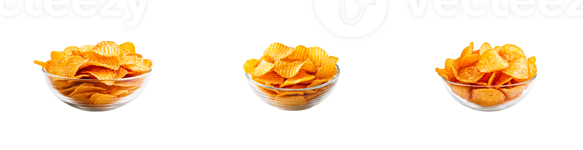 Three glass bowls of crispy potato chips on transparent background png