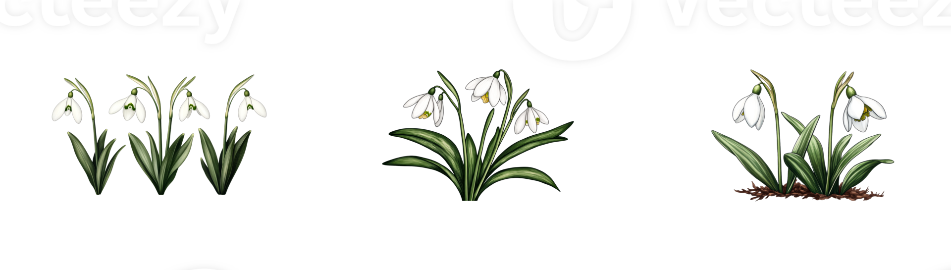 Snowdrop flowers with green leaves in a garden setting png