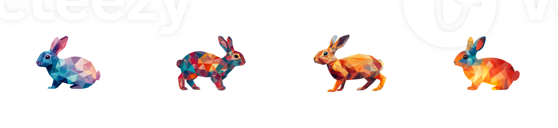 Colorful geometric rabbits in various poses on transparent background png