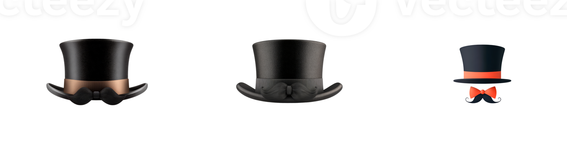 Different styles of top hats with bow ties and mustaches shown png