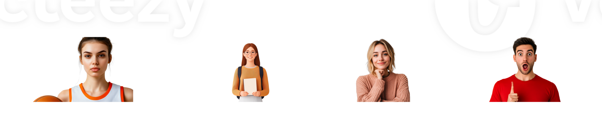 Four individuals display distinct emotions and activities png