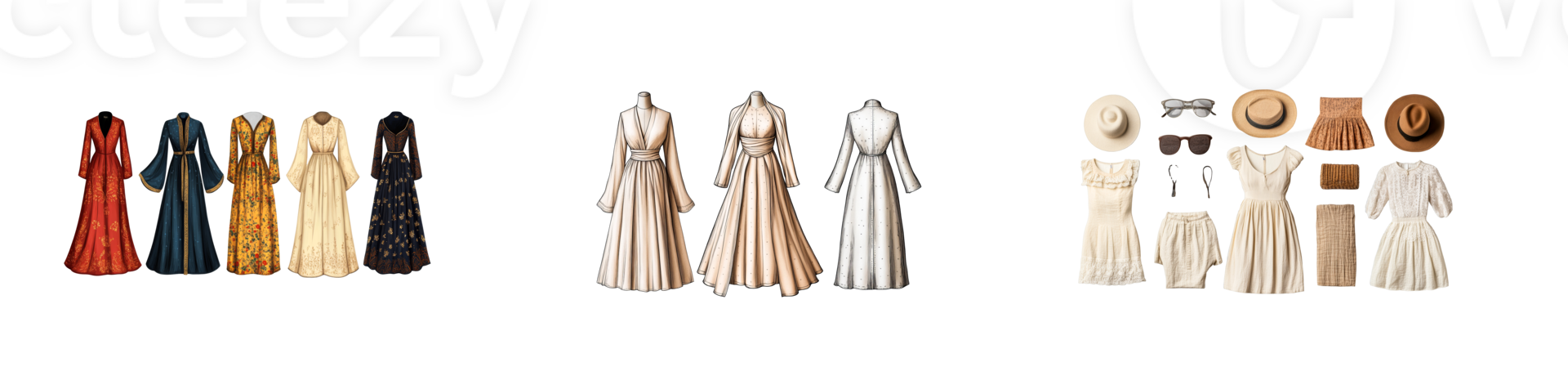 Elegant dress collection featuring various styles and accessories png