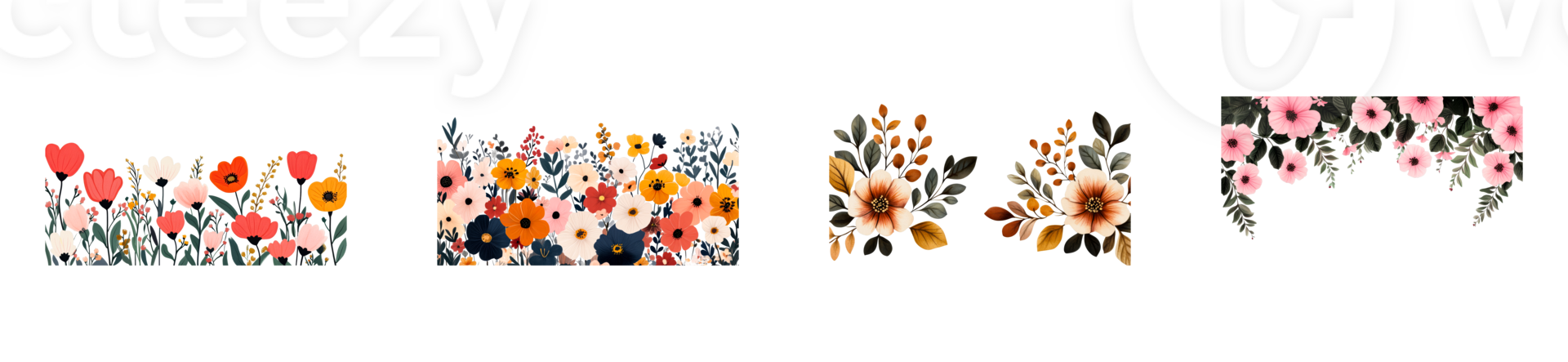 Collection of colorful floral designs with transparent background png