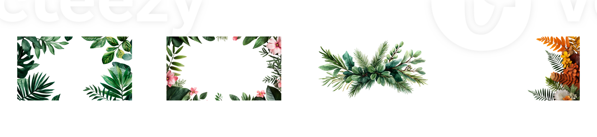 Green frames with tropical leaves and flowers on clear background png