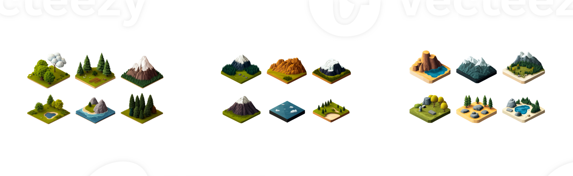 Terrain tiles with mountains, forests, and water in various designs png