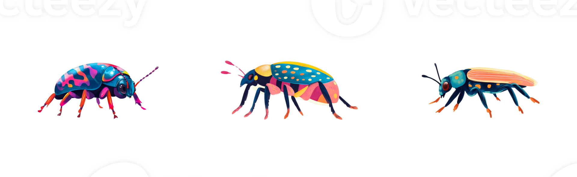 Colorful insects with artistic designs on transparent background png