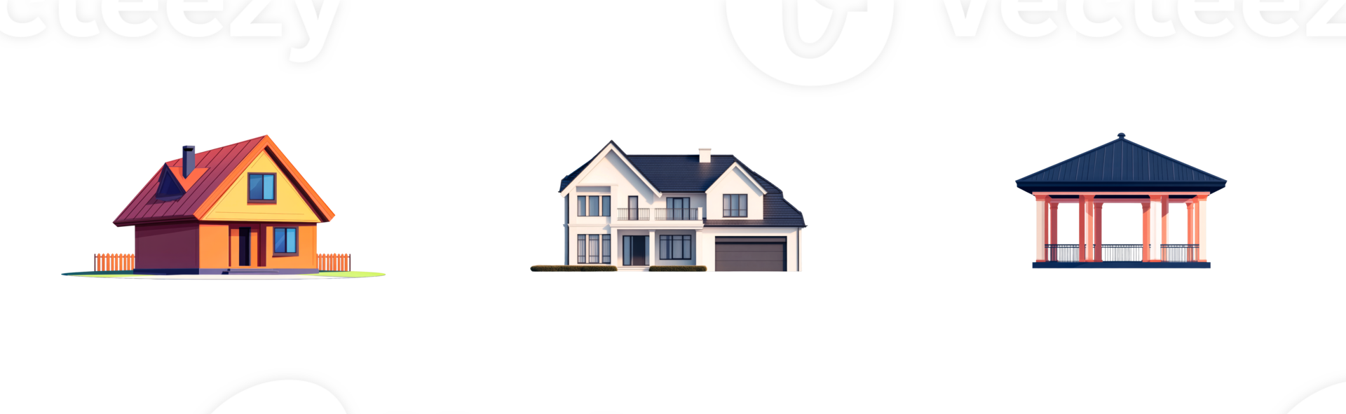 Different styles of houses and a gazebo with transparent background png