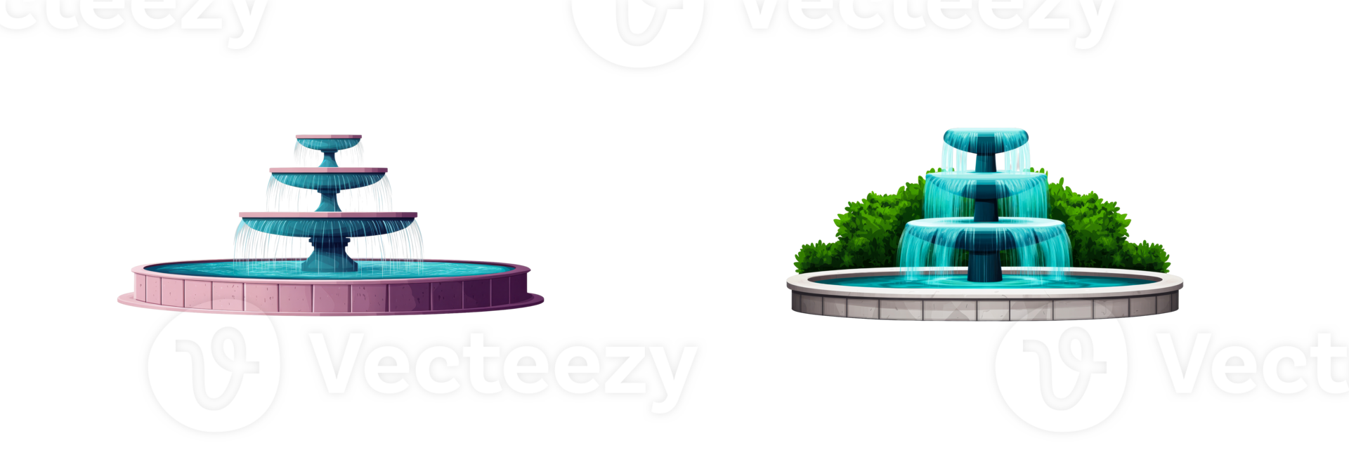 Decorative fountains with flowing water in vibrant designs png