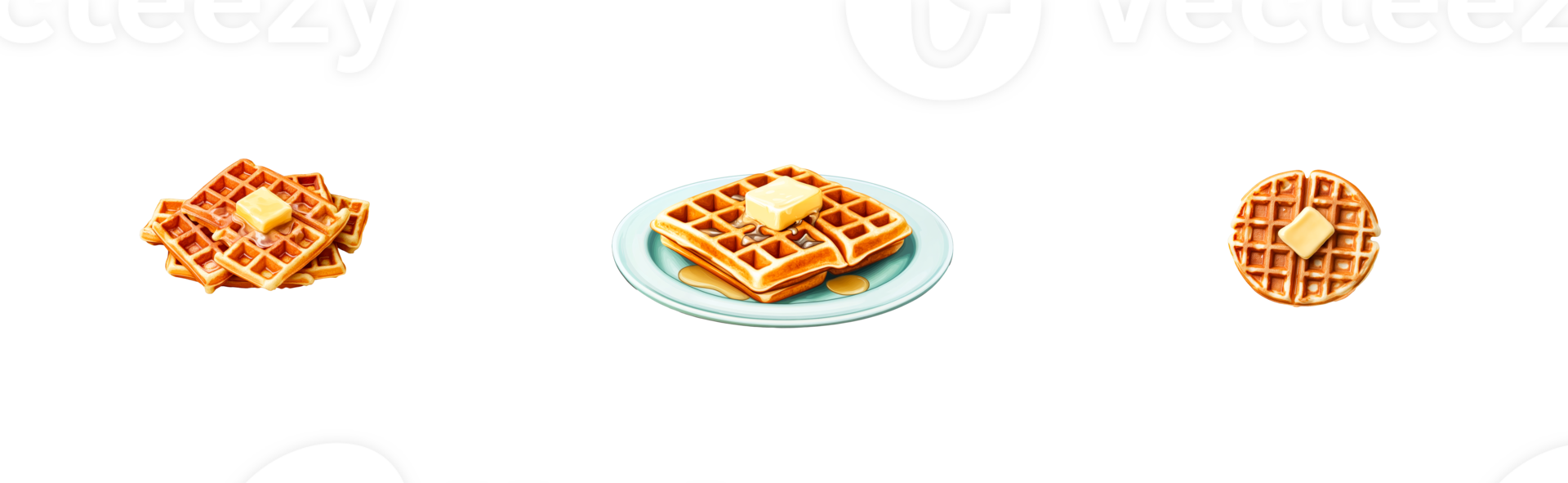 Waffles stacked and plated with butter on a transparent background png