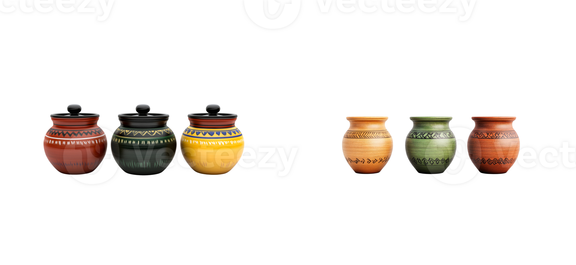 Colorful ceramic pots arranged on a transparent background png