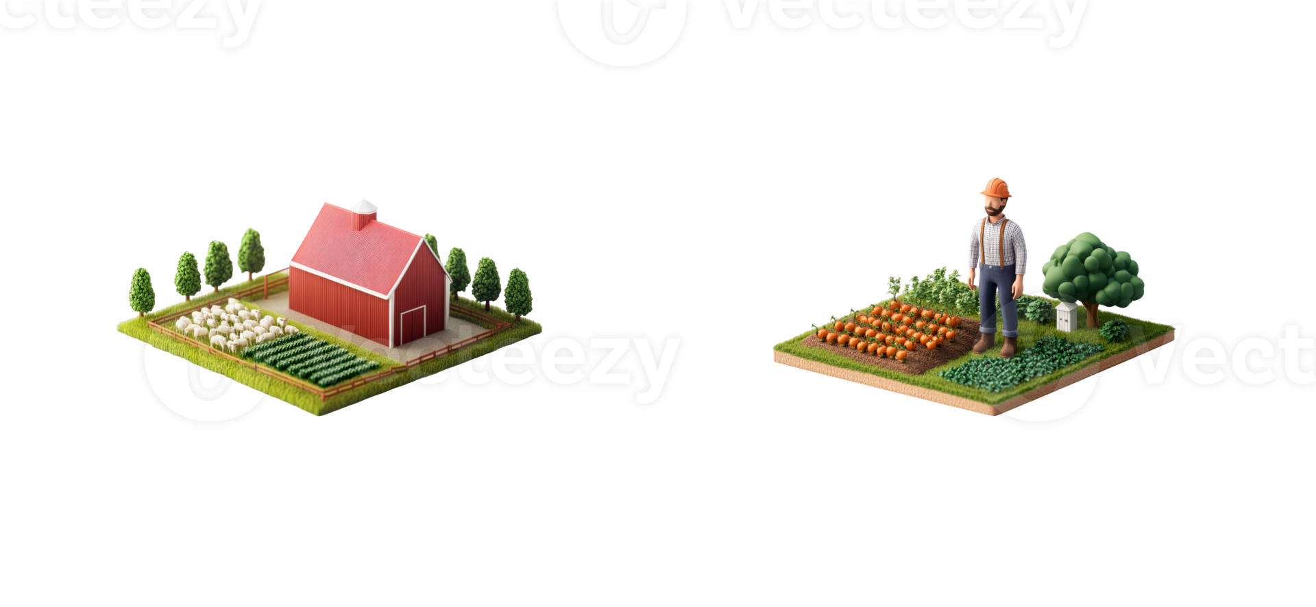 Miniature farm scene with crops, barn, and farmer figurine png