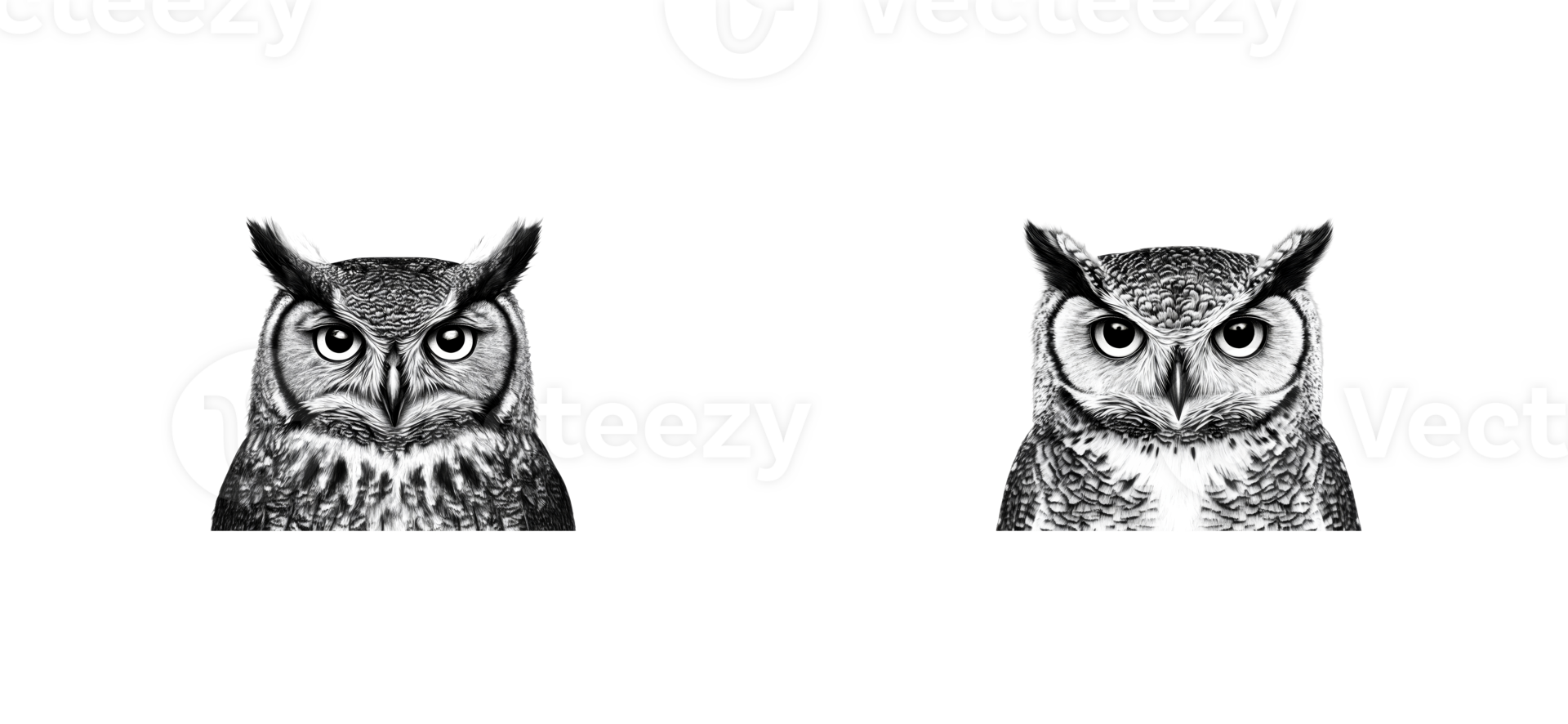 Unique detailed illustrations of two distinct owls with sharp features png